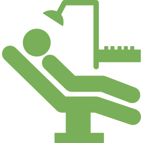 A green icon of a person sitting in an orthodontic chair.