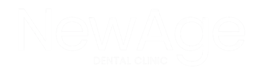 Logo for New Age Dental Clinic, featuring the words "New Age" in large white letters and "Dental Clinic" in smaller text below on a transparent background.